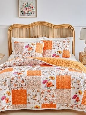 NEW CALIFORNIA KING Floral Patchwork Orange Quilted Bedspread Set